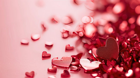 Red hearts confetti on a pink background. Valentine's Day.の素材
