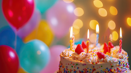 Birthday cake with candles and balloons on colorful bokeh backgroundの素材