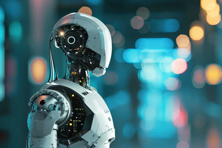 3d rendering robot or cyborg with blurred bokeh backgroundの素材