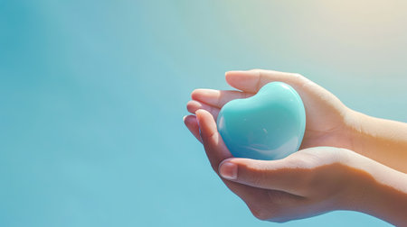 Blue heart in the hands of a child on a blue background.の素材