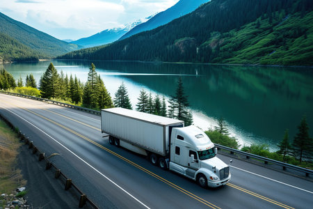 Truck on the highway in the mountains. Concept of freight transportation.の素材