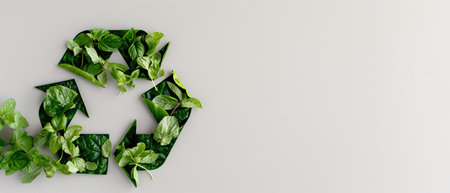 Creative layout made of fresh basil leaves and recycle sign on grey background. Flat lay, top view, copy spaceの素材