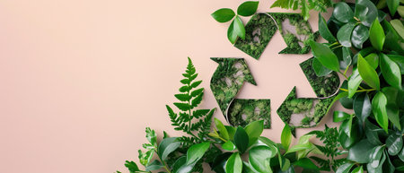Creative layout made of green leaves on pink background. Flat lay, top view minimal nature concept.の素材