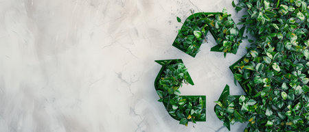 Recycling symbol made of green leavesle background, panoramic shotの素材