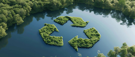 Recycling symbol on the forest lake. 3d render.の素材