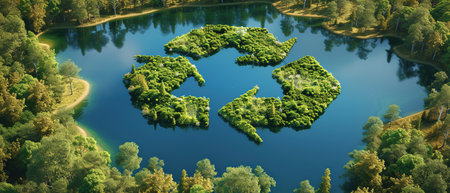 Green forest in the shape of a planet on the lake. 3d renderingの素材