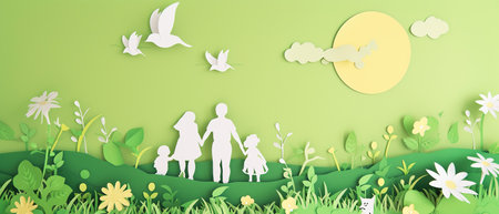 Paper cut of happy family on the green grass with moon and nature backgroundの素材