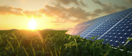 Solar panels on green field. Alternative energy concept. 3d renderの素材