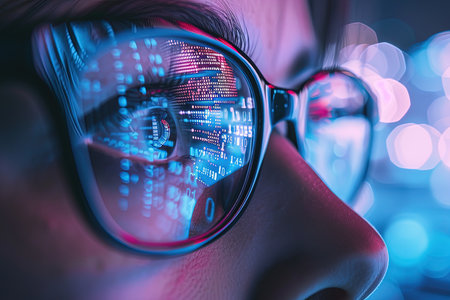 Cyber security concept. Close-up of man's face with glasses.の素材