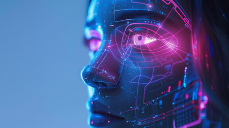 A close-up view of a woman wearing augmented reality glasses, displaying a futuristic interface with data and holographic projections.の素材
