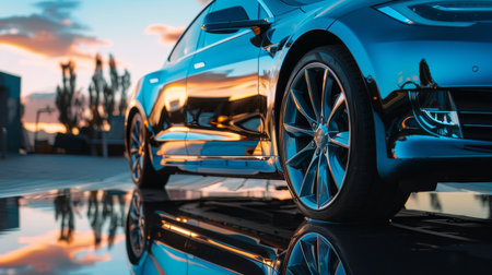 A car's tail lights reflect on wet city streets, illuminated by the vibrant neon glow of downtown nightlife under a rainy sky.の素材