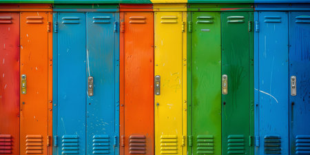 A row of vibrant, multicolored vintage lockers, exhibiting signs of wear and graffiti, reminiscent of a school hallway.の素材