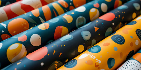 Colorful wrapping papers with various patterns rolled up, ready for gift wrapping or craft projects.の素材