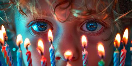 A close-up view of a child's eyes reflecting the glow of brightly lit birthday candles, capturing a moment of wonder and celebration.の素材