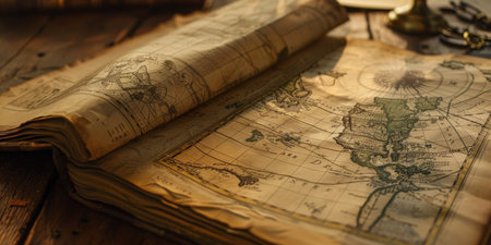 Close-up of an open antique book featuring a detailed vintage world map, evoking the age of exploration and discovery.の素材