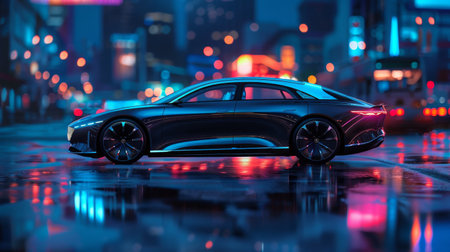 A vibrant red electric concept car parked on a city street at dusk, its sleek lines reflecting the ambient lights of downtown stores and neon signs.の素材