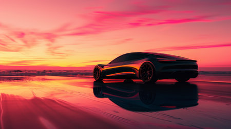 A vibrant red electric concept car parked on a city street at dusk, its sleek lines reflecting the ambient lights of downtown stores and neon signs.の素材