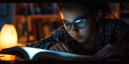 A young male student with glasses intensely focused on studying, writing notes under a warm desk lamp light at night, symbolizing dedication and education.の素材