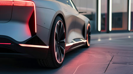 A car's tail lights reflect on wet city streets, illuminated by the vibrant neon glow of downtown nightlife under a rainy sky.の素材