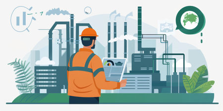 An engineer in a hard hat and safety vest is focused on a data dashboard, monitoring and analyzing performance metrics in an industrial factory setting.の素材