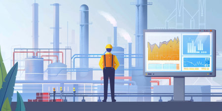 An engineer in a hard hat and safety vest is focused on a data dashboard, monitoring and analyzing performance metrics in an industrial factory setting.の素材