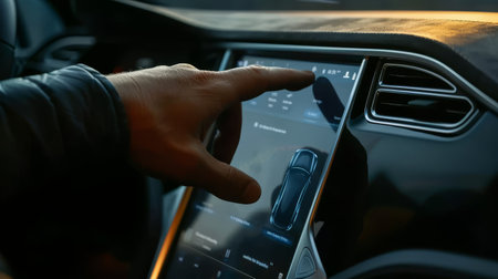 A person's hand adjusts settings on a car's sophisticated touchscreen dashboard, highlighting modern in-vehicle technology and connectivity.の素材