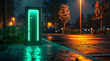 A solitary electric vehicle charging station illuminated with a neon light stands ready in a dimly lit, rainy parking area at night.の素材