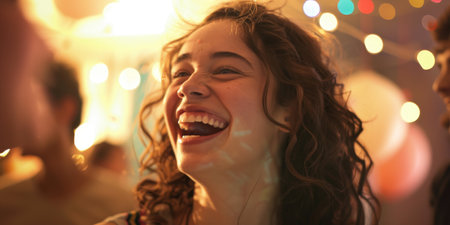 Close-up portrait of a joyful woman laughing heartily with her eyes closed, capturing a moment of genuine happiness and contentment.の素材