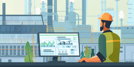 An engineer in a hard hat and safety vest is focused on a data dashboard, monitoring and analyzing performance metrics in an industrial factory setting.の素材