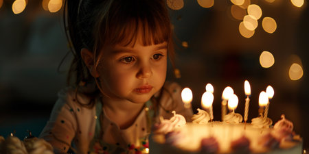 Person lighting candles on a festive birthday cake, with a warm glow of lights creating an atmosphere of celebration.の素材