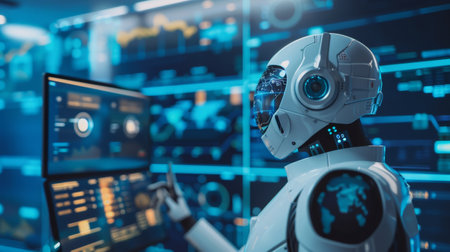 Autonomous robot with advanced AI interface actively engaged in data analysis, displayed on high-tech computer monitors in a modern laboratory.の素材