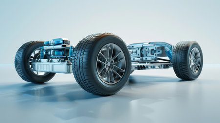 A conceptual design of an electric vehicle chassis featuring glowing neon highlights, emphasizing modern automotive technology.の素材