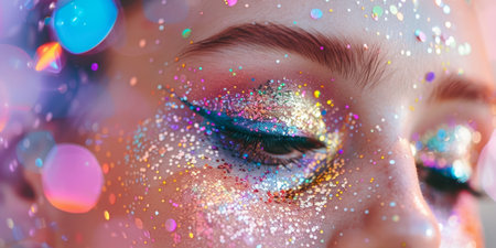 Macro shot of a person's eye adorned with vibrant glitter makeup, creating a festive and sparkly visual effect.の素材