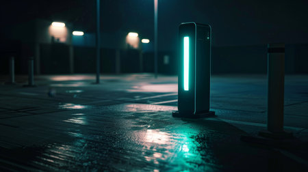 A solitary electric vehicle charging station illuminated with a neon light stands ready in a dimly lit, rainy parking area at night.の素材