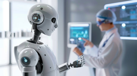 Humanoid robot working alongside a healthcare professional, showcasing the integration of robotics in modern medicine and patient care.の素材