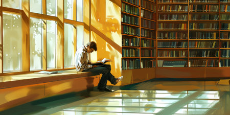 student, engrossed in reading a book together, sitting on the floor of a library with shelves full of books surrounding them.の素材