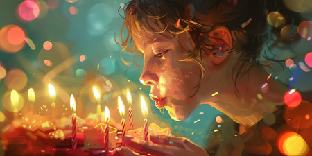 Person lighting candles on a festive birthday cake, with a warm glow of lights creating an atmosphere of celebration.の素材
