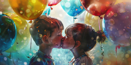 Two young children share a gentle kiss surrounded by a whimsical atmosphere of vibrant balloons and sparkling confetti, embodying innocence and childhood joy.の素材
