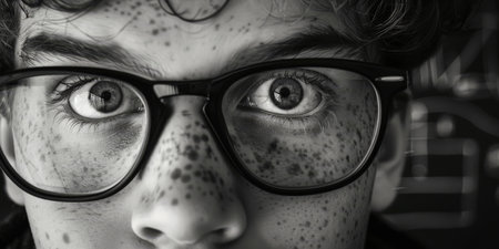 A close-up black and white image capturing the intense focus and curiosity of a child with glasses deeply engrossed in reading a book.の素材