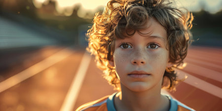 A portrait of a young athlete with a determined gaze, standing on a track field bathed in the warm, golden light of the setting sun.の素材