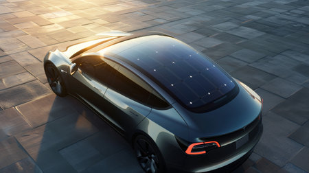Sunset reflecting on the solar panel roof of an eco-friendly electric vehicle, parked in a natural setting.の素材