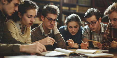 A studious group of teenagers engaged in a collaborative study session, surrounded by books in the classic setting of rich wooden accents.の素材