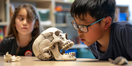 Inquisitive young students closely observing a human skull during a science class, with one child peering intently to understand its structure.の素材