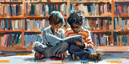 student, engrossed in reading a book together, sitting on the floor of a library with shelves full of books surrounding them.の素材