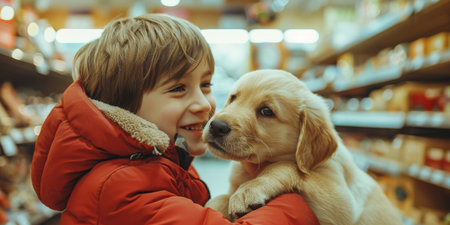 A young boy is holding a dog in a store. The boy is smiling and the dog is looking up at himの素材