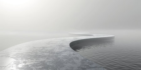 A long, curving path is shown in front of a body of water. The water is calm and the sky is overcastの素材