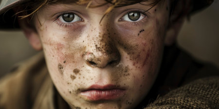 A boy with a dirty face and a hat on. He looks sad. The boy is wearing a hat and has dirt on his faceの素材