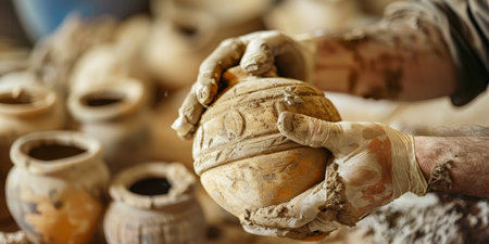 A man is holding a clay pot in his hands. The pot is covered in dirt and has a rough texture. The scene appears to be a pottery workshop, with several other clay pots scattered around the areaの素材