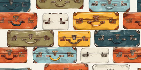 A row of colorful suitcases with a vintage feel. The suitcases are arranged in a pattern, with some being larger than others. Scene is nostalgic and reminiscent of a bygone eraの素材