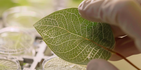 A person is holding a leaf up to a microscope. The leaf is green and has a lot of veinsの素材